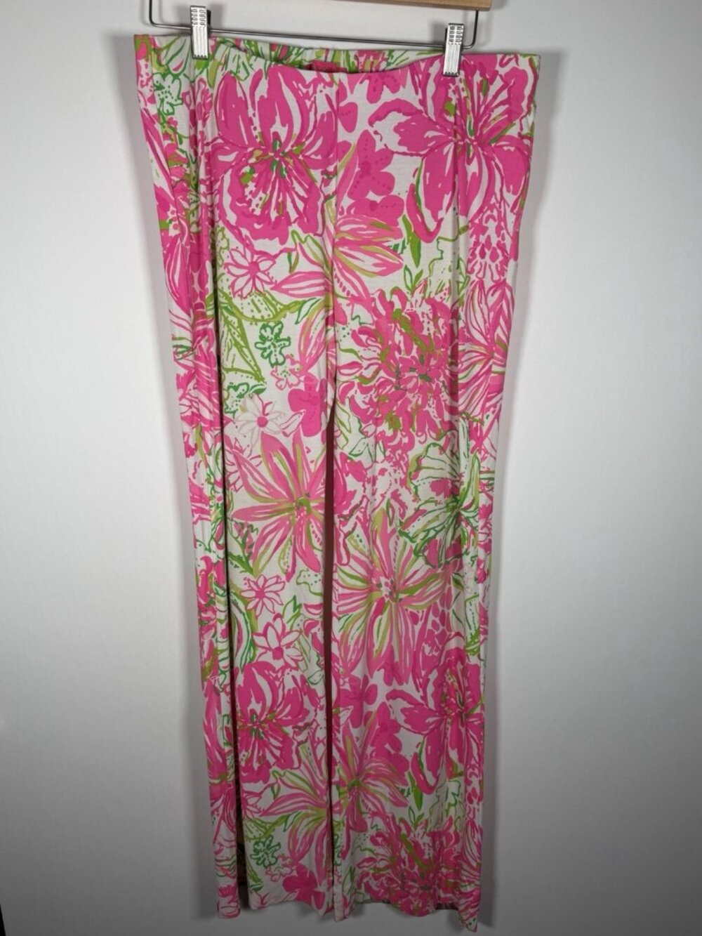 Lilly Pulitzer Palazzo neon pink green wide leg flowy stretch pants L preppy